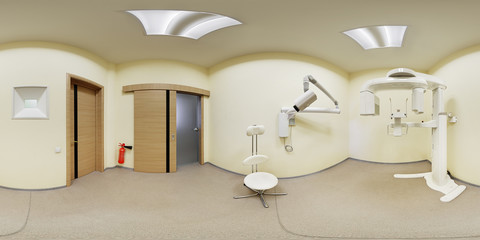 360 lense degrees equidistant panorama view of dental X-rays equipment modern interior european dental clinic spherical projection inside dental office beige white colour dentist chair