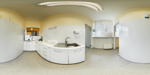 Panorama view of modern interior european dental clinic with equipment sterilization room spherical projection inside dental office beige white colour dentist chair 360 lense degrees equidistant