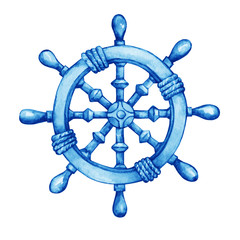 Illustration of old sailboat blue steering wheel. Hand drawn watercolor painting on white background. © arxichtu4ki