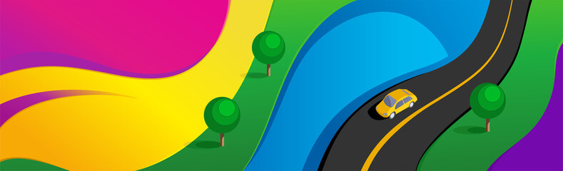 Летний ландшафт с трассой и жёлтым автомобилем