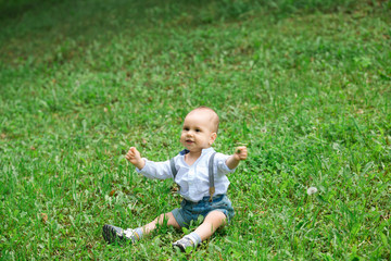 Little smiling and rejoicing boy sitting on green grass in park with keen look