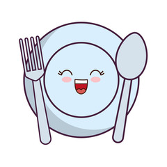 kawaii dish with fork and spoon icon over white background vector illustration