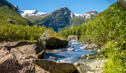 river flowing from the briksdal glacier in norway