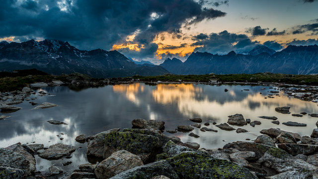 Sonnenuntergang auf Muottas Muragl mit Blick auf die Albulakette