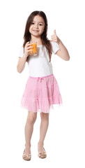 Cute little girl with glass of juice on white background