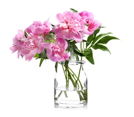 Washable wall murals Peonies Glass vase with beautiful peonies on white background