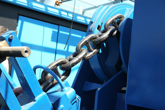 Anchor Windlass With Chain On Ship, Closeup