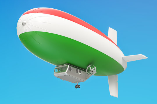 Airship or dirigible balloon with Hungarian flag, 3D rendering