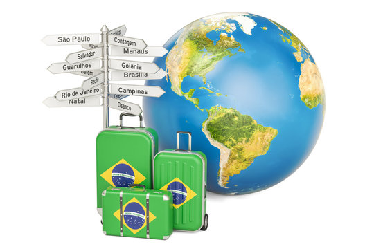 Brazil travel concept. Suitcases with Brazilian flag, signpost and Earth globe. 3D rendering