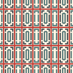 Blue and red color repeated squares and brackets on white background. Seamless pattern with simple geometric ornament.