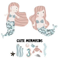 Mermaids with glitter tails and under sea elements. Crab,seahorse,starfish,seashells,seaweeds. Vector marine clipart isolated on white