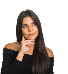 Woman looking up to side with thoughtful expression on face