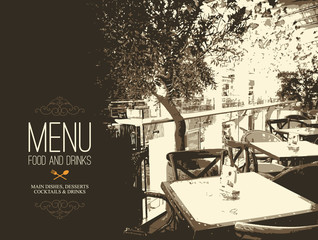 Restaurant menu design. Vector menu brochure template for cafe, coffee house, restaurant, bar. Food and drinks logotype symbol design. With a sketch pictures