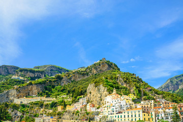 Fototapeta na wymiar beautiful view of Amalfi town on Amalfi coast from the sea with mountains