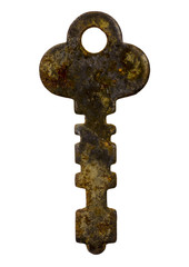 Large Old Rusty Key on White Background