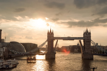 Tower Bridge in London, the UK. Sunset with beautiful clouds.