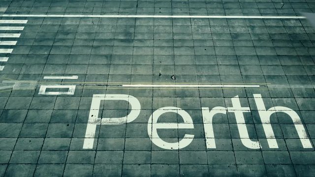 Aerial view of big airplane arriving to Perth airport. Travel to Australia conceptual intro animation
