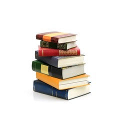 Stack of books on white background