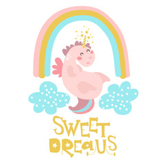 Cute pink unicorn with rainbow and clouds. Childish vector illustration. Perfect for baby and kids design,t-shirt prints,nursery decoration,poster,cards
