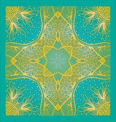 Bandana print with abstract flower and leaf ornament, floral pattern, design for pillow, carpet, rug. Design for silk neck scarf