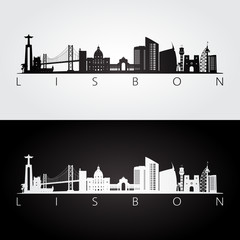 Lisbon skyline and landmarks silhouette, black and white design, vector illustration. © greens87