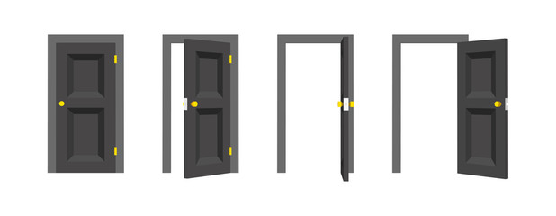 Doors set. Front view opened and closed the door. Isolated vector illustration.