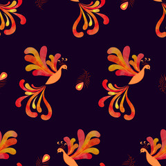 Obraz premium Seamless fairy Firebird pattern. Vector background with watercolor flying flaming Phoenix.