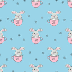 Cute rabbits in cups seamless pattern. Vector Baby print with bunnies.