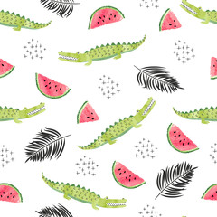 Seamless pattern with crocodiles, watermelon slices and palm leaves. Vector abstract trendy tropical background.