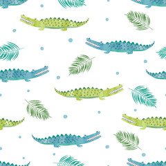 Seamless watercolor crocodile pattern. Vector background with alligators.