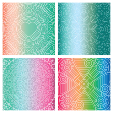 Set of cards with indian mandala on colorful gradient background. Bohemian ornament for posters or banners.