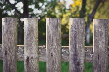 Close up view of old wooden fence in the garden. Copy space.