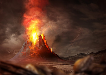 Obraz premium Masywna erupcja wulkanu. Duży wulkan wydzielający gorącą lawę i gazy do atmosfery. Ilustracja 3D.