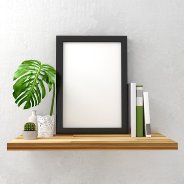 Clean And Minimal Mock Up Photo Frame With Books And Green Leaf Decoration On A White Shelf. 3D Illustration Render.