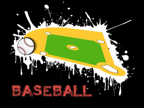 Baseball ball and field on a background of blots of paint