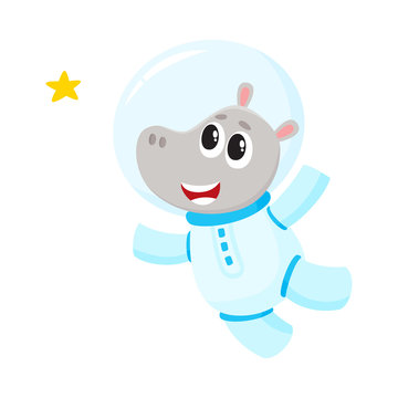 Cute little hippo animal astronaut, spaceman character wearing space suit, cartoon vector illustration isolated on white background. Baby hippo astronaut, spaceman in spacesuit flying in open space