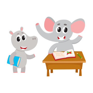 Cute animal student characters, elepant sitting at desk, hippo holding book, cartoon vector illustration isolated on white background. Little animal student characters in class, back to school concept