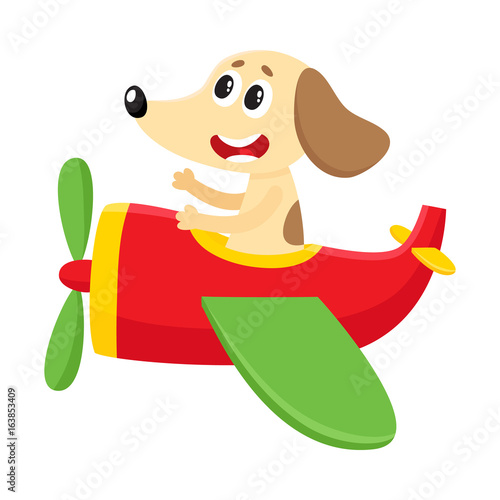 "Cute funny dog, puppy pilot character flying on airplane, cartoon