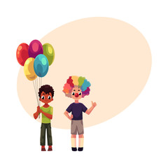 Two boys at birthday part, one black holding bunch of balloons, another Caucasian in clown nose and wig, cartoon vector illustration with space for text. Two kids at birthday party