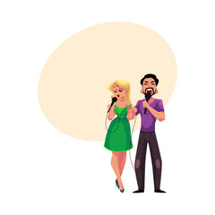 Man and woman singing duet into microphones, karaoke party, contest, competition, cartoon vector illustration with space for text. Two karaoke singers, man and woman, singing together