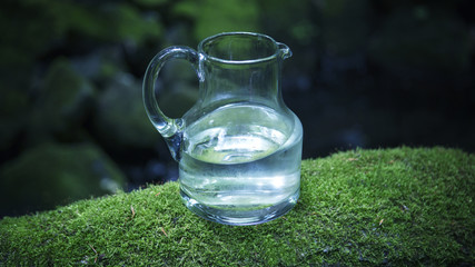 glass carafe with water on green moss in nature
