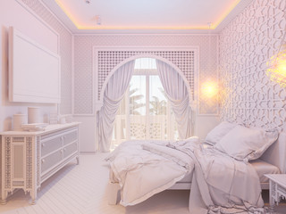 3d illustration bedroom interior design of a hotel room in a traditional Islamic style. Deluxe room background interior view decorated with arabian motifs. Render in white without textures