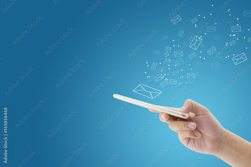 Poster hand holding man check and sending message with email in a phone on blue background, communication c