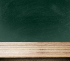 green background of blackboard, chalkboard and free space for you and desk space, can be used for display your products.