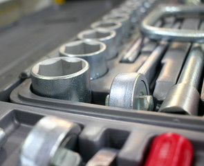 A set of tools for repair in a car workshop