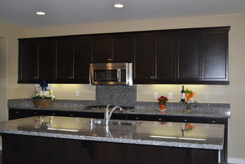 New Kitchen with Dark Brown Cupboards and Granite Counters