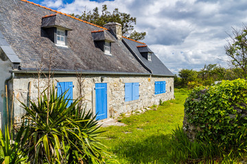 Street view of beautiful village of Rostudel former fishing village, Parc naturel regional d'Armorique. Finistere department, Camaret-sur-Mer. Brittany (Bretagne), France.
