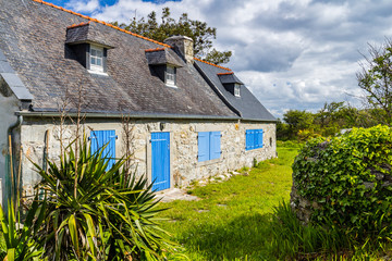 Fototapeta na wymiar Street view of beautiful village of Rostudel former fishing village, Parc naturel regional d'Armorique. Finistere department, Camaret-sur-Mer. Brittany (Bretagne), France.