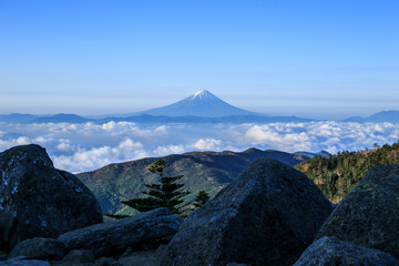 Fototapeta na wymiar 国師ヶ岳から夜明けの雲海に浮かぶ朝焼け富士山