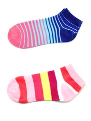 set of several multi colored socks isolated on white background